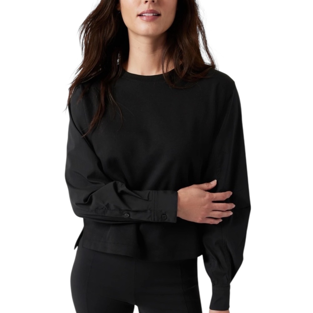 Athleta Womens Mixed Media Harlow Long Sleeve‎ Pullover Top Black XL Crew Neck